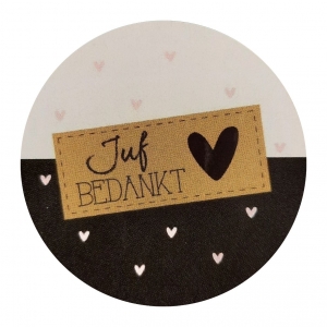 Sticker 4 cm met tekst ''Juf Bedankt ''. zwart wit roze hartjes.